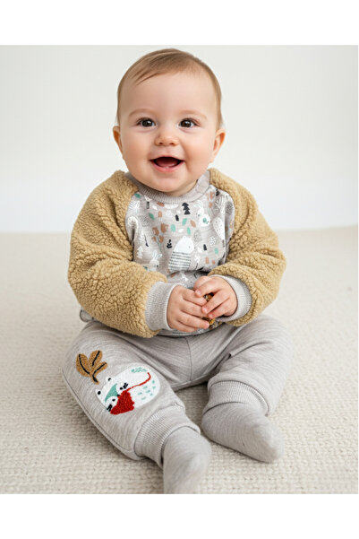 voyyo kids baby ERKEK BEBEK ŞARDONLU WELSOFT KOL DETAYLI KIŞLIK 2'Lİ BASKILI TAKIM 0-3-6-9 AY