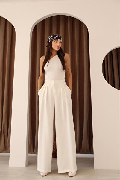 RAWEA FASHİON Yüksek Bel 3 Pilili Palazzo Pantolon – Bol Paça, Beyaz| Günlük ...