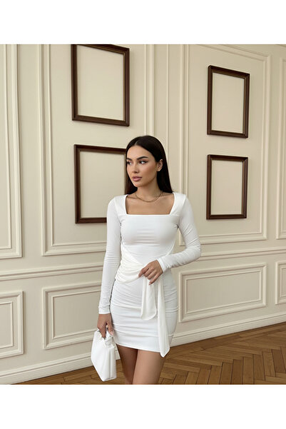 Laviera Kadın Beyaz Beli Kuşaklı Sandy Mini Elbise