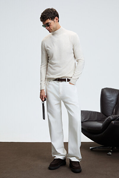 GRIMELANGE Ανδρικό πουλόβερ με μισό ζιβάγκο REBEL Basic Slim Fit Πλεκτό Μπεζ πουλόβερ