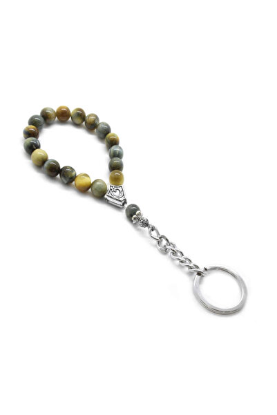 Tesbihane Sarı Gri Kaplan Gözü Doğaltaş Çelik Kombinli Tesbih Anahtarlık