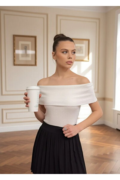 Laviera بلوزة إكرو للسيدات بياقة مادونا