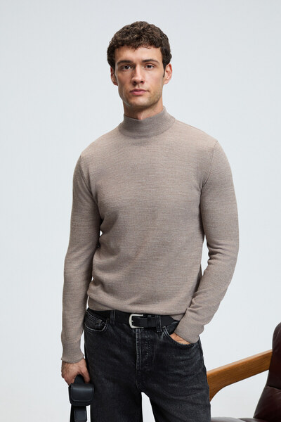 GRIMELANGE Ανδρικό πουλόβερ με μισό ζιβάγκο REBEL Basic Slim Fit Πλεκτό Πουλόβερ Βιζόν