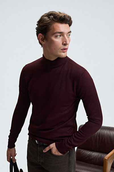 GRIMELANGE Rebel Men's Half Turtleneck Basic Slim Fit Knitwear Burgundy Sweater