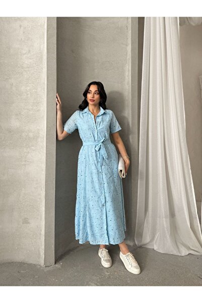 PİNK FLY İthal Pamuk Fisto Çiçek Desenli Cep Ve Kemer Detaylı Astarlı Elbise