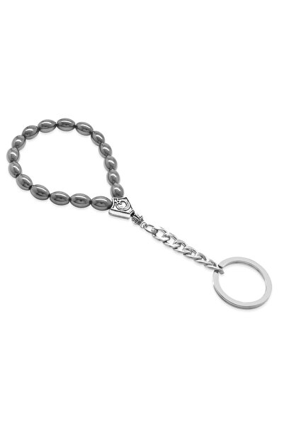 Tesbihane Hematite Natural Stone Black Chrome Steel Combination Rosary Keychain