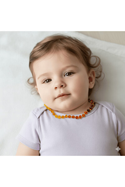 Tesbihane Gökkuşağı Renkli Orijinal Damla Kehribar Taşlı Çocuk Diş Kolyesi