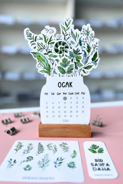 Eldesen Tasarım Yapraklı 2026 Yılı Aylık Masa Takvimi Orta Boy / Resmi Tatiller ve Hafta Sonları