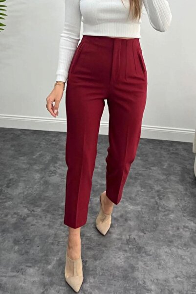 dk denemekabini Γυναικείο υψηλόμεσο παντελόνι από ύφασμα καρότο - μπορντό