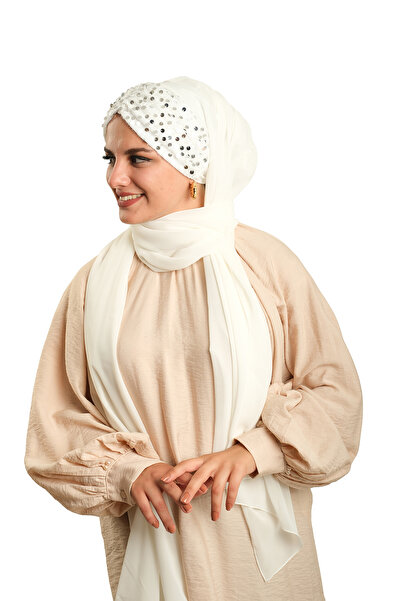 HÜRREM BONE White Back Tie Shawl Chiffon Sequined Pleated 1910_42