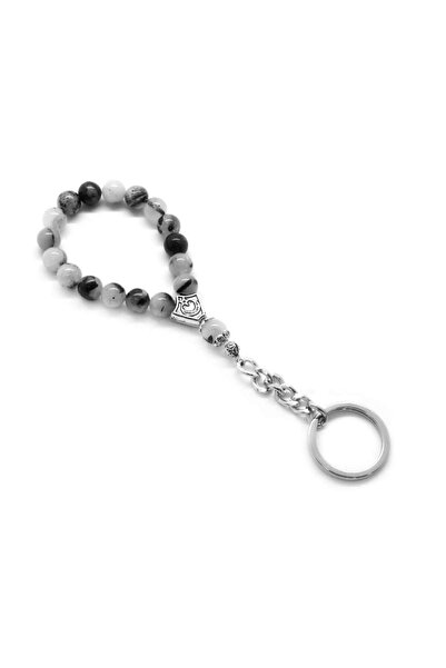 Tesbihane Rutil Quartz Natural Stone Chrome Steel Combination Rosary Keychain