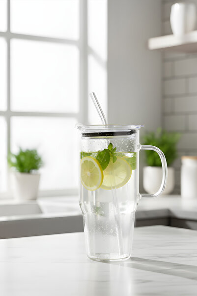 Luca Mia Laletta Classic Mica Lid Glass Thermos Cup with Straw 1200 ml – Leak-Proof Thermos, Cold and Hot