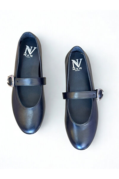 NE&VE SHOES حذاء باليه نسائي من الجلد الطبيعي باللون الأسود بإبزيم مستدير