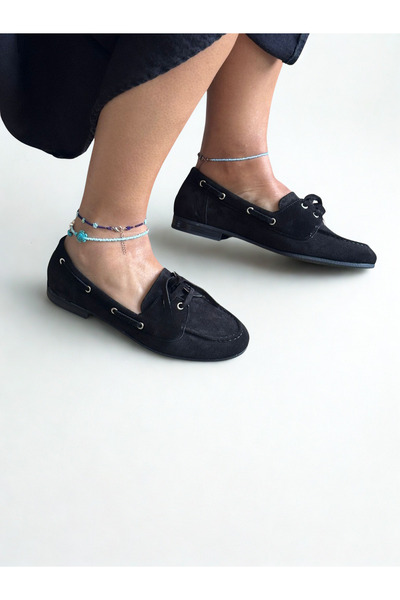 NE&VE SHOES Siyah Süet Hakiki Deri Bağcıklı Makosen Kadın Kolej Loafer