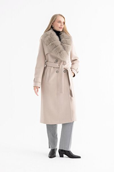 Mia Kara Front Cape Detailed, Fur Collar, Double-Breasted Sleeves, Epaulettes...