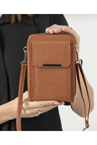 Universal Kahverengi Kadın Çapraz Askılı Telefon 3 Bölmeli Cüzdan Çanta