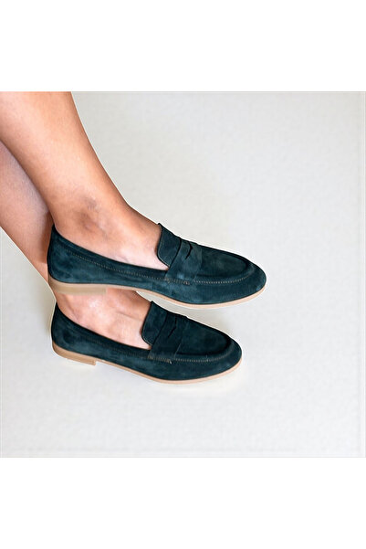 NE&VE SHOES Koyu Yeşil Süet Hakiki Deri Kadın Loafer Ayakkabı