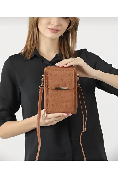 Universal Kahverengi Kadın Çapraz Askılı Telefon 3 Bölmeli Cüzdan Çanta