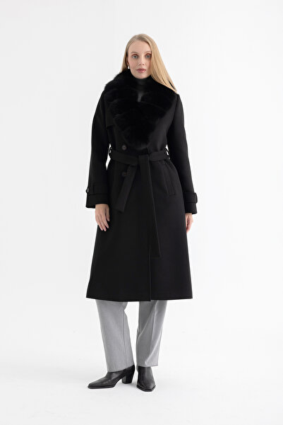 Mia Kara Long Women's Coat with Cape Detail, Fur Collar, Double-Breasted Slee...