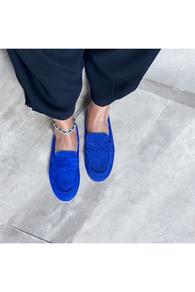 NE&VE SHOES Mavi Süet Hakiki Deri Kadın Loafer Ayakkabı