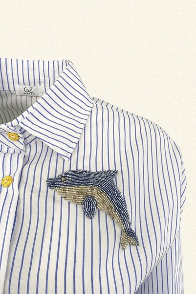 GZ Design Dolphin Embroidered Blue Striped Oversize Shirt