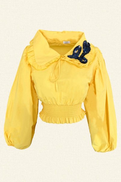 GZ Design Black Embroidered Balloon Sleeve Yellow Shirt