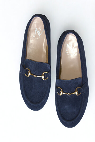 NE&VE SHOES Lacivert Süet Hakiki Deri Gold Zincir Aksesuarlı Kadın Loafer Ayakkabı