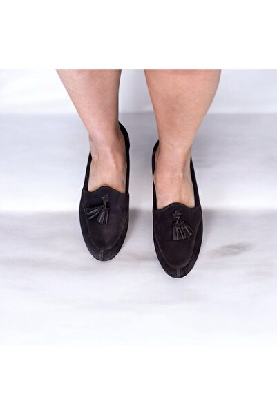 NE&VE SHOES Kahve Süet Hakiki Deri Püsküllü Kadın Loafer Ayakkabı