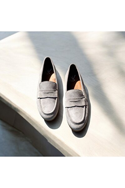 NE&VE SHOES Gri Süet Hakiki Deri Kadın Loafer Ayakkabı