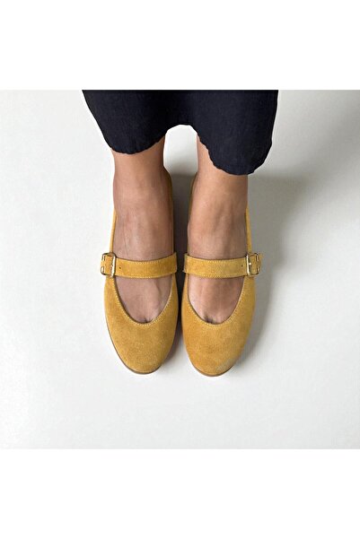 NE&VE SHOES Mustard Suede Genuine Leather Round Toe Buckle Women's Ballerinas