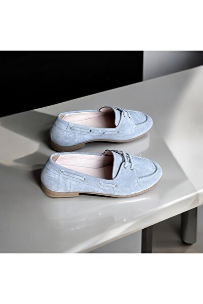 NE&VE SHOES Gri Süet Hakiki Deri Kadın Bağcıklı Loafer Ayakkabı