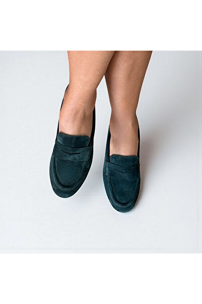 NE&VE SHOES Koyu Yeşil Süet Hakiki Deri Kadın Loafer Ayakkabı