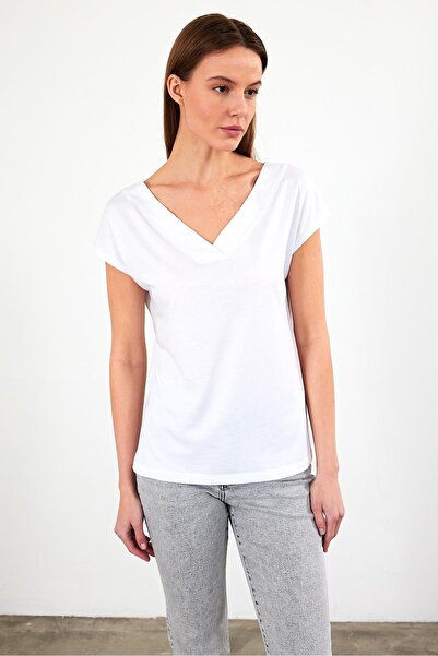 VENA Μπλουζάκι Almira με λαιμόκοψη V με λεπτομέρεια στην πλάτη (Modal) - Λευκό