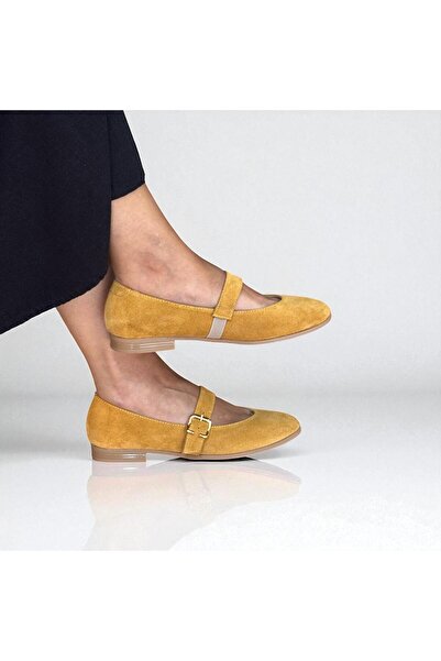 NE&VE SHOES Mustard Suede Genuine Leather Round Toe Buckle Women's Ballerinas