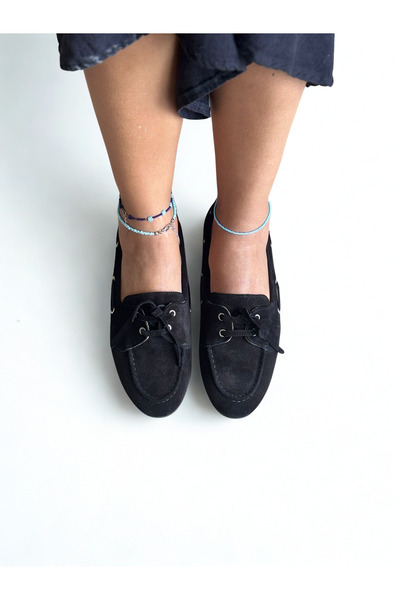 NE&VE SHOES Siyah Süet Hakiki Deri Bağcıklı Makosen Kadın Kolej Loafer