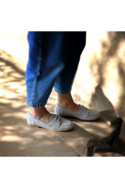NE&VE SHOES Gri Süet Hakiki Deri Kadın Bağcıklı Loafer Ayakkabı