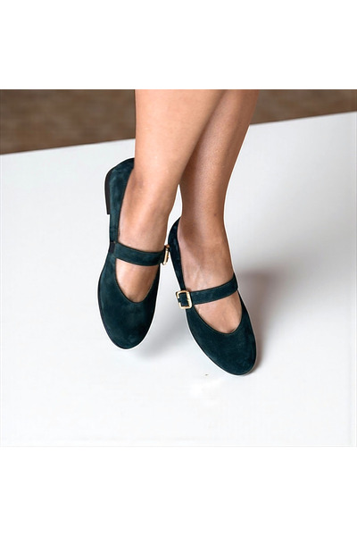 NE&VE SHOES Koyu Yeşil Süet Hakiki Deri Yuvarlak Burunlu Tokalı Kadın Babet