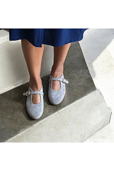 NE&VE SHOES Gri Süet Hakiki Deri Tokalı Kadın Babet