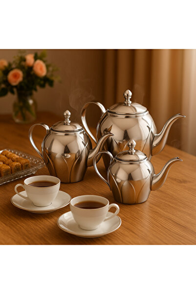 ALSAIF Teapot Set 3 Pieces Made of High Quality Stainless Steel with Side Handle (1200-900-700) mm