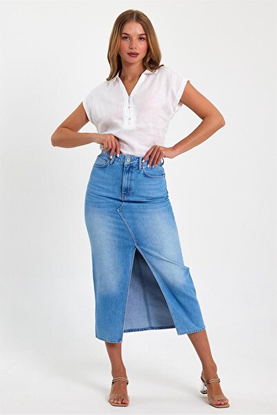 VENA Fusta creion din denim cu fantă Rita Midi Med Blue - Med Blue