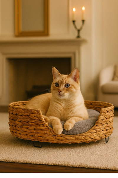 Evistro Dekoratif Yuvarlak Hasır Kedi Köpek Yatagı Sepet 50x20cm