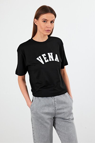 VENA Джинсовий футболка з принтом, круглий виріз, прямий крій - чорний