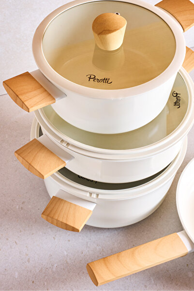 Perotti Danish Cook Beige İndüksiyon Tabanlı 7 Parça Tencere Seti Ahşap Saplı 1302