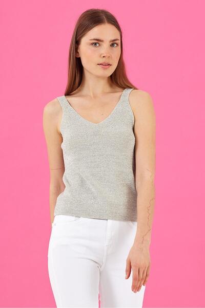 VENA Bella Kalın Askılı V Yaka Triko Top-Gümüş