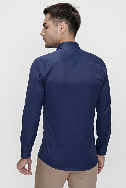 Efor Slim Fit Pamuk Saten Klasik Lacivert Gömlek Gk 624