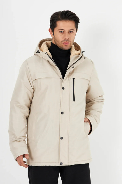 D1fference Erkek Bej Kürklü Kapüşonlu Su İtici Rüzgar Geçirmez Kışlık Mont & Kaban & Parka