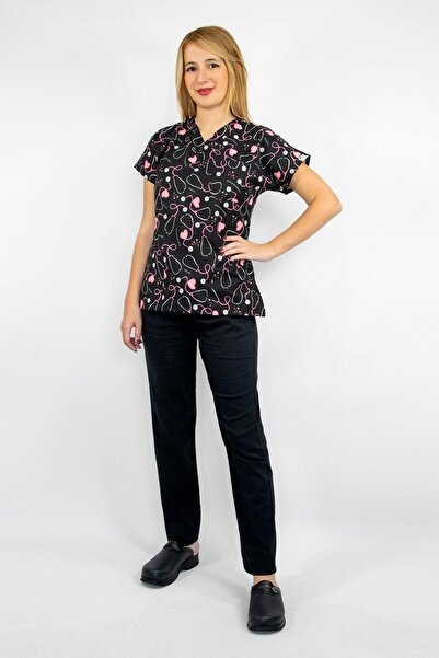 Nur Medikal Giyim طقم علوي سفلي من الليكرا منقوش على شكل سماعة الطبيب