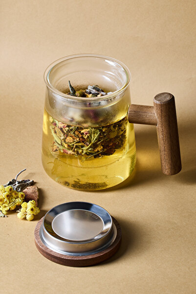 Perotti Herby Borosilikat 500 ml Acacia Detail Plant Tea Cup Teapot with Glass Strainer