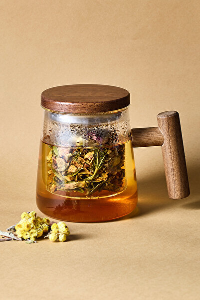 Perotti Herby Borosilikat 500 ml Acacia Detail Plant Tea Cup Teapot with Glass Strainer