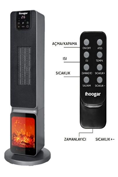 Hoogar German 2701 L GREY OLED Şömineli Ekran Dijital Göstergeli Kule Tipi Seramik Fanlı Isıtıcı